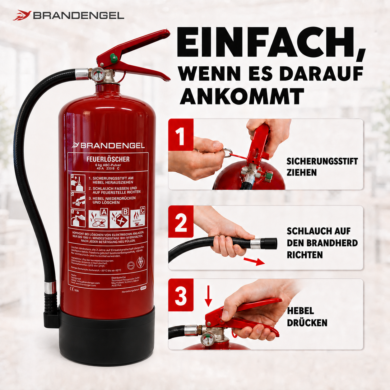 Erklärung Verwendung Feuerlöscher Pulverfeuerlöscher Brandengel | einfache Verwendung