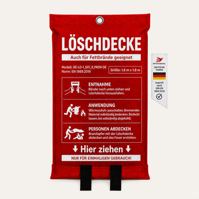 Brandengel geprüfte Feuerlöschdecke XL 1,6x1,8m für Haushalt, Werkstatt, Auto, Grill und Camping